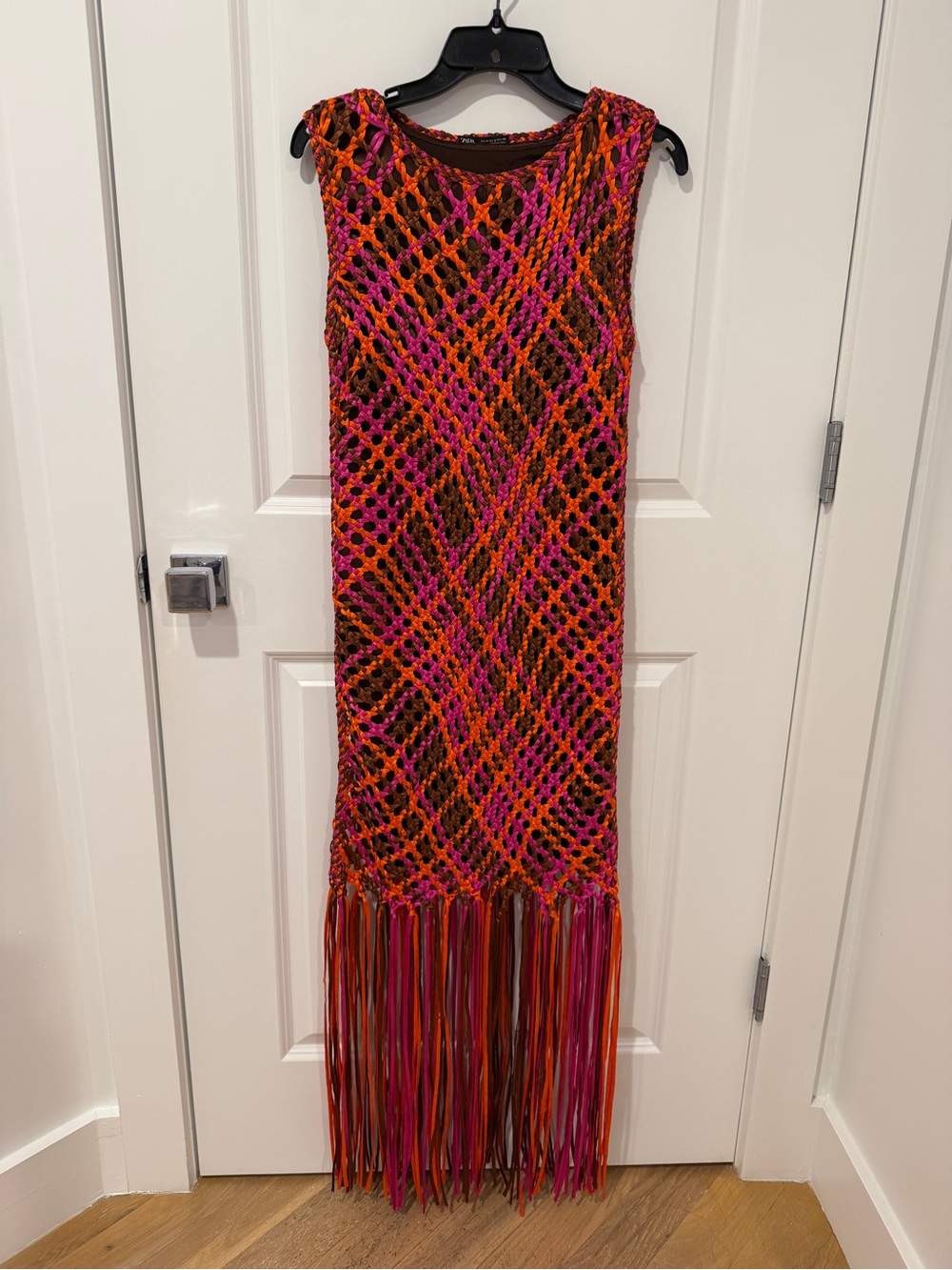 Zara Orange and Pink Handwoven Fringe Maxi Dress